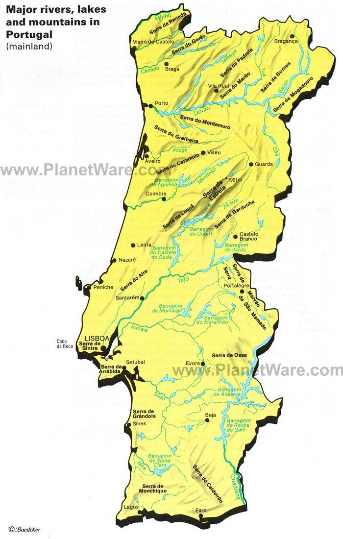 Portogallo - Mappa dei principali fiumi, laghi e montagne